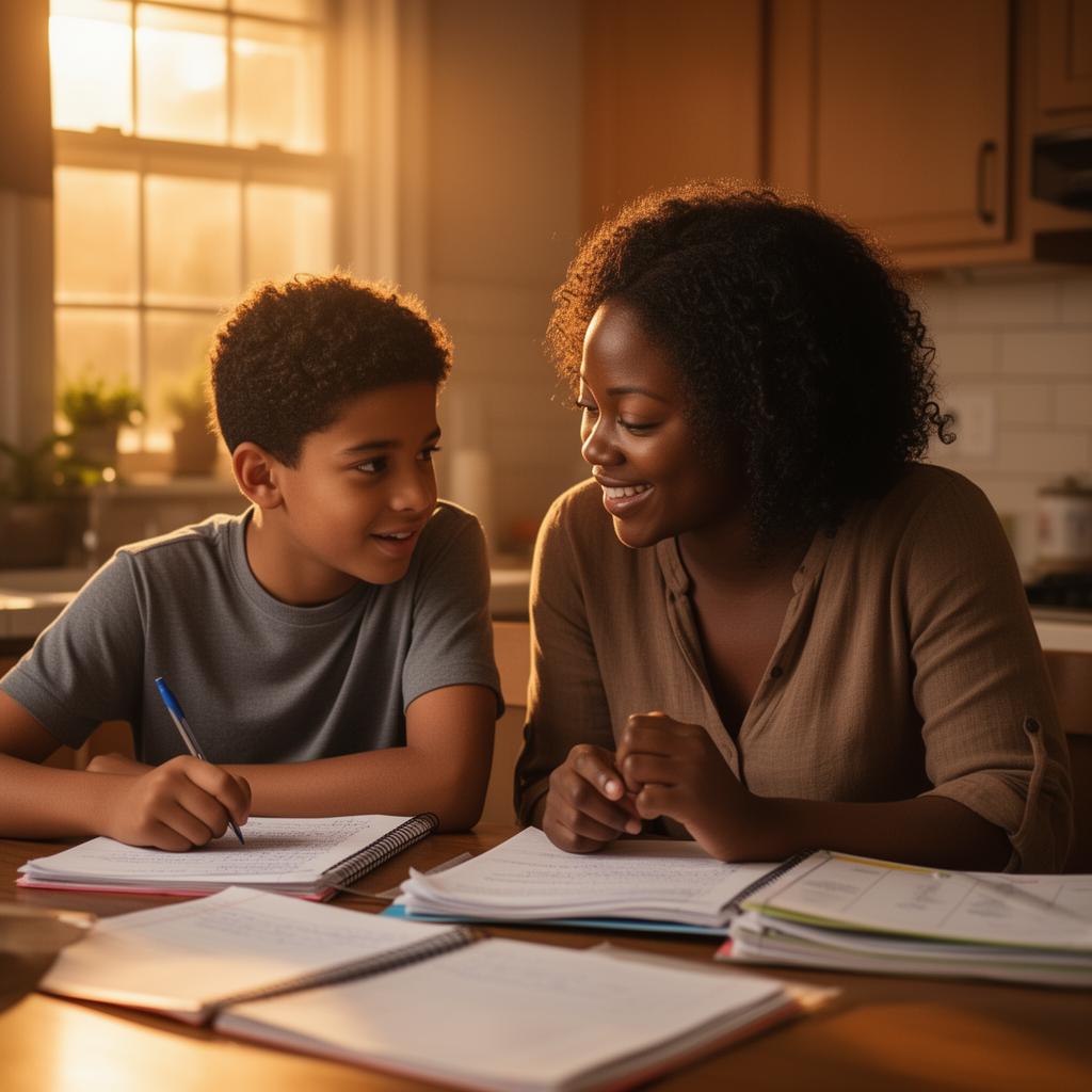 Mother and son learning together at the kitchen table