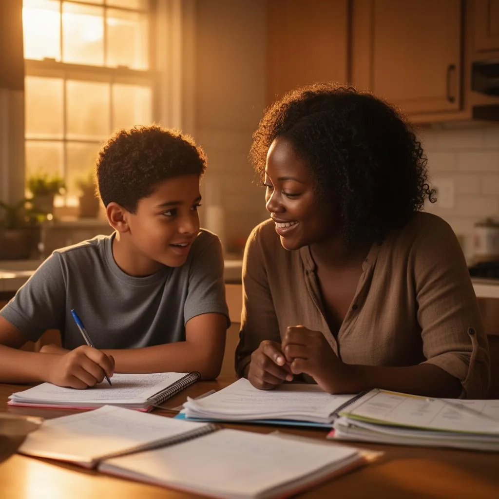 Mother and son learning together at the kitchen table
